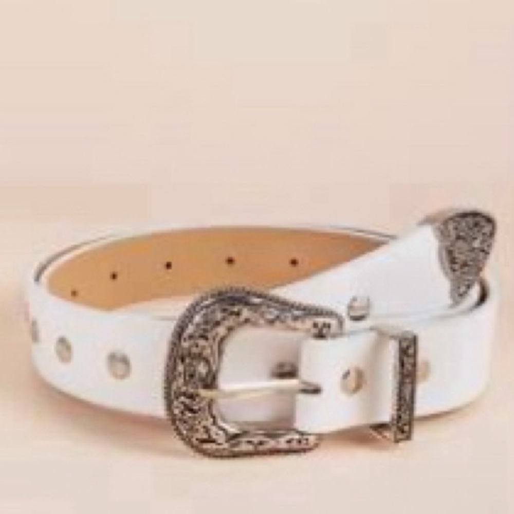 Western buckle belt - white and silver hardware